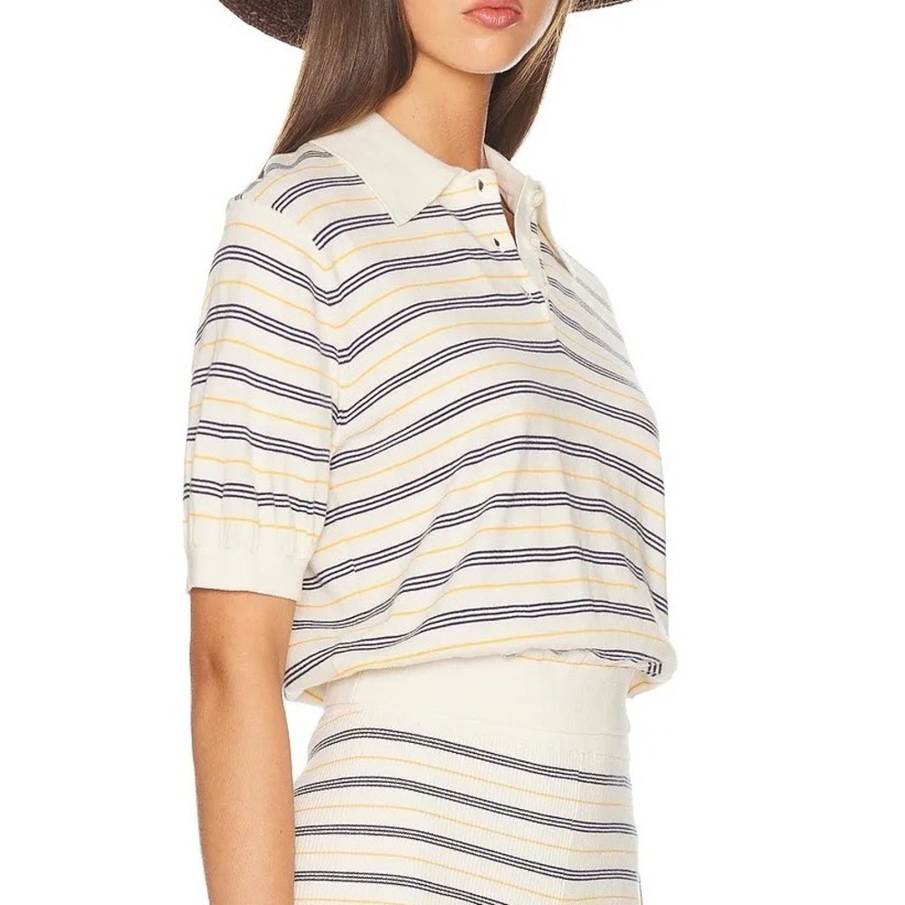 Helsa Inda Polo Knit Top Cream Striped Short Sleeve - Small
